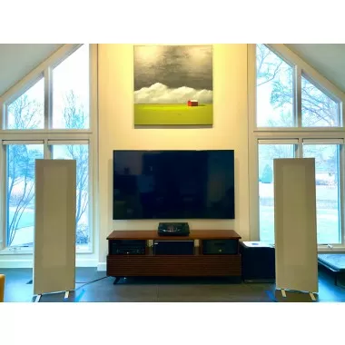 Furnitech 70” Mid-Century Modern TV Stand Media Console for Flat Screen and Audio Video Installations with a cognac finish over Brazilian cherry veneers and solid black cherry wood legs - Lifestyle