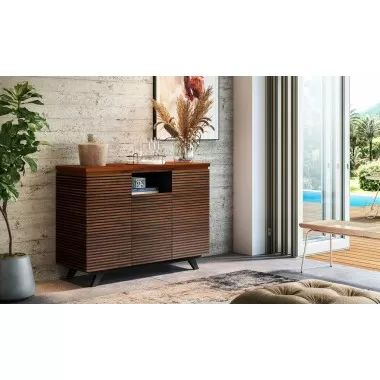 Furnitech 47" Mid - Century Modern media, gaming, storage dresser in exotic Iron Wood featuring solid cherry wood solid black cherry wood legs - Lifestyle