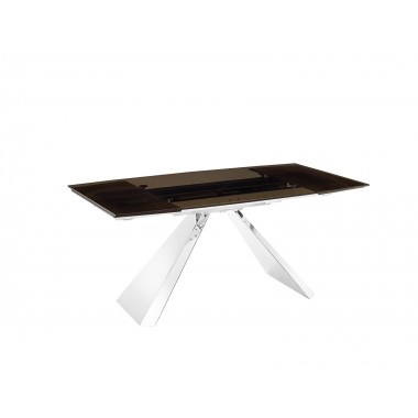 Stanza Dining Table In Smoked Glass With Polished Stainless Steel Base - Angled