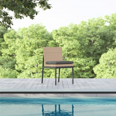 Azzurro Terra Armless Dining Chair With Matte Charcoal Aluminum Frame and Natural All-Weather Wicker - Lifestyle