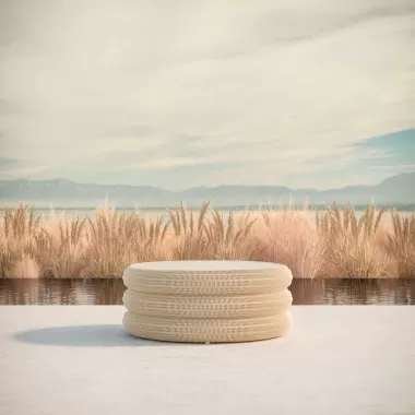 Azzurro Living Texoma Coffee Table With Dekton Top Base Only With Natural Aluminum Frame And Almond All-Weather Wicker - Lifestyle