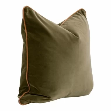 Essentials For Living the Not So Basic 22" Olive Velvet, Whiskey Brown Top Grain Leather Piping Essential Pillow - Set of 2 in Front Side Angle