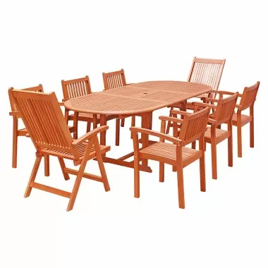 Malibu Outdoor 9-piece Wood Patio Dining Set with Extension Table With Stacking Chairs and Reclining Chairs - White BG