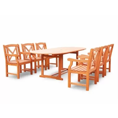 Malibu Eco-friendly 7-piece Outdoor Hardwood Dining Set with Oval Extention Table and Arm Chairs - Angled