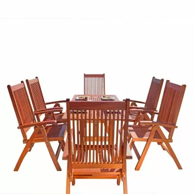 Malibu Outdoor 7-piece Wood Patio Dining Set with Curvy Leg Table & Reclining Chairs - White BG