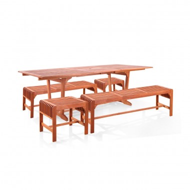 Malibu Outdoor 5-piece Wood Patio Dining Set with Extension Table With Backless Benches & Chairs - White BG