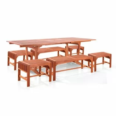 Vifah Malibu Outdoor 7-piece Wood Patio Dining Set with Extension Table - Backless benches & Chairs - White BG