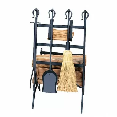 Mr. Bar-B-Q UniFlame® Black Wrought Iron Log Holder with Kindling Rack and Fire Tools with Crook Handles