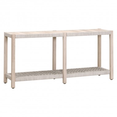 Essentials For Living Wrap Outdoor Console Table - Taupe & White Flat Rope, Gray Teak - Front Side Angle