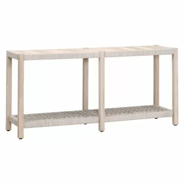 Essentials For Living Wrap Outdoor Console Table - Taupe & White Flat Rope, Gray Teak - Front Side Angle