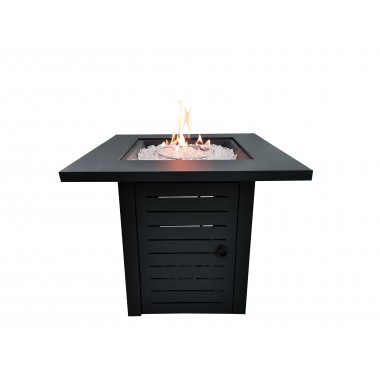 Crawford and Burke Ansley Black Metal Square Fire Pit with Glass Rocks, Frontview