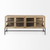 Mercan Arelius Light Brown Wood Black Metal Base w/ 4 Glass Cabinet Doors Sideboard Front