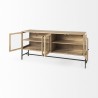 Mercan Arelius Light Brown Wood Black Metal Base w/ 4 Glass Cabinet Doors Sideboard Open View