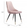 Zuo Modern Piccolo Dining Chair in Pink - With Dimensions