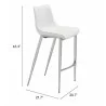 Zuo Modern Magnus Barstool in White and Silver - With Dimensions - Zuo Modern Magnus Barstool in White and Silver - With Dimensions