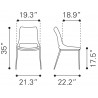 Zuo Modern Ace Dining Chair in White and Silver - Dimensions Sheet