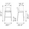 Zuo Modern Ace Counter Stool in White and Silver - Dimension Sheet