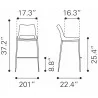 Zuo Modern Ace Counter Stool in White and Silver - Dimension Sheet - Zuo Modern Ace Counter Stool in White and Silver - Dimension Sheet