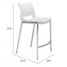 Zuo Modern Ace Counter Stool in White and Silver - With Dimensions