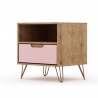 Manhattan Comfort Rockefeller 1-Drawer Nature and Rose Pink Nightstand Side