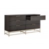 Sunpan Rebel Dresser In Gold and Charcoal Grey - Angled with Opened Drawer