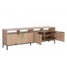 Sunpan Ambrose Modular Media Console in Cabinet in Rustic Oak and Black - Angled with Opened Drawer