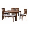 Baxton Studio Olympia Modern Grey Fabric and Walnut Brown Finished Wood 6-Piece Dining Set - Set in Front Side Angle