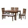 Baxton Studio Olympia Modern Grey Fabric and Walnut Brown Finished Wood 6-Piece Dining Set - Set in Front Side Angle - Baxton Studio Olympia Modern Grey Fabric and Walnut Brown Finished Wood 6-Piece Dining Set - Set in Front Side Angle