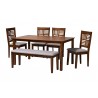 Baxton Studio Deanna Modern Grey Fabric and Walnut Brown Finished Wood 6-Piece Dining Set - Set in Front Side Angle