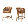 Baxton Studio Mario Modern Bohemian Natural Brown Finished Teak Wood and Rattan 2-Piece Counter Stool Set - Set of Two - Front Side and Back Side Angle