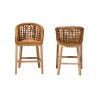 Baxton Studio Mario Modern Bohemian Natural Brown Finished Teak Wood and Rattan 2-Piece Counter Stool Set - Set of Two - Front and Back Angle