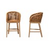 Baxton Studio Mario Modern Bohemian Natural Brown Finished Teak Wood and Rattan 2-Piece Counter Stool Set - Set of Two - Front and Side Angle