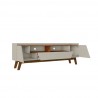 Manhattan Comfort Mid-Century Modern Marcus 70.86 TV Stand with Solid Wood Legs in Greige and Nature Open