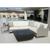 Manhattan Wicker Sectional With Cushions In Linen Canvas With Self Welt - Lifestyle Shot with Table