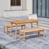 Vifah Chesapeake 3-Piece Patio Acacia Wooden Mixed Strapped Rattan Dining Set with 3-Seater Benches, Side Angle
