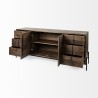 Mercana Glenn VI 71.5x18 Dark Brown Wood Frame w/ Black Iron Accent 6 Drawer 2 Door Cabinet Sideboard Open