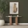 Mercana Marbrello Botticino Marble Top Light Brown Fluted Wood Half Moon Console Table - Mercana Marbrello Botticino Marble Top Light Brown Fluted Wood Half Moon Console Table