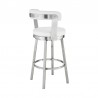 Armen Living Kobe Swivel Bar Stool in Brushed Stainless Steel Finish and White Faux Leather Side