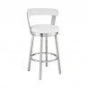 Armen Living Kobe Swivel Bar Stool in Brushed Stainless Steel Finish and White Faux Leather Side