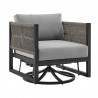 Armen Living Cuffay Outdoor Patio Swivel Lounge Chair in Black Aluminum with Rope and Cushions- Front Angle