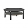 Armen Living Aileen Outdoor Patio Round Coffee Table In Black Aluminum With Grey Wicker Shelf 03