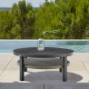 Armen Living Aileen Outdoor Patio Round Coffee Table In Black Aluminum With Grey Wicker Shelf