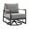 Armen Living Royal Outdoor Patio Swivel Glider Lounge Chair in Black Aluminum and Teak Wood with Cushions Side Angle