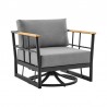 Armen Living Shari Outdoor Patio Swivel Glider Lounge Chair in Black Aluminum and Teak Wood with Cushions- Front Angle