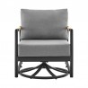 Armen Living Royal and Tiffany 3 Piece Outdoor Patio Swivel Seating Set in Black Aluminum with Teak Wood and Grey Cushions Chair Front