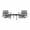 Armen Living Royal and Tiffany 3 Piece Outdoor Patio Swivel Seating Set in Black Aluminum with Teak Wood and Grey Cushions Set