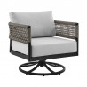 Armen Living Felicia and Argiope 3 Piece Patio Outdoor Swivel Seating Set in Black Aluminum with Grey Rope and Cushions- Chair Side