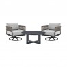 Armen Living Felicia and Argiope 3 Piece Patio Outdoor Swivel Seating Set in Black Aluminum with Grey Rope and Cushions- Chair Set