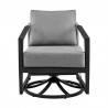 Armen Living Aileen 3 Piece Patio Outdoor Swivel Seating Set in Black Aluminum with Grey Wicker and Cushions- Chair Front