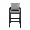 Armen Living Grand Outdoor Patio Counter or Bar Height Bar Stool in Aluminum with Grey Cushions- Front View